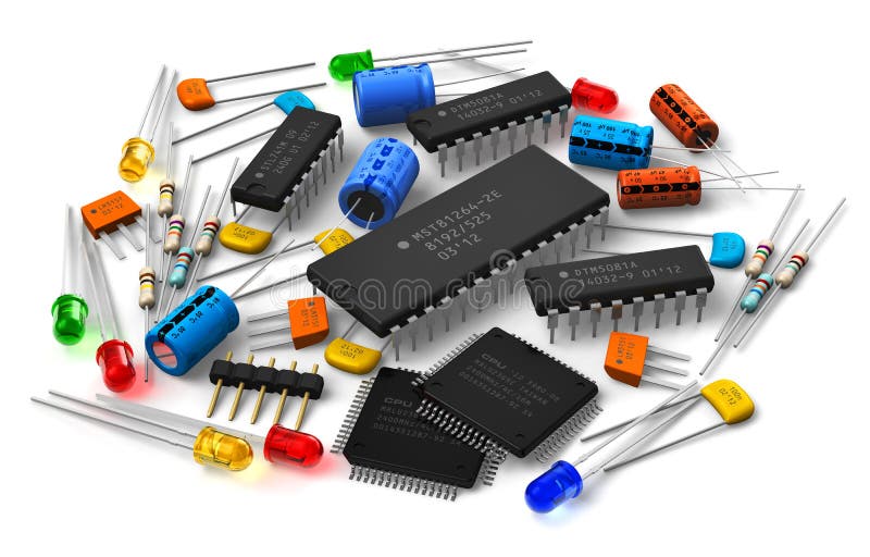 Group of various electronic components: microprocessors, logical digital microchips, transistors, capacitors, resistors, LEDs etc. isolated on white background. Group of various electronic components: microprocessors, logical digital microchips, transistors, capacitors, resistors, LEDs etc. isolated on white background
