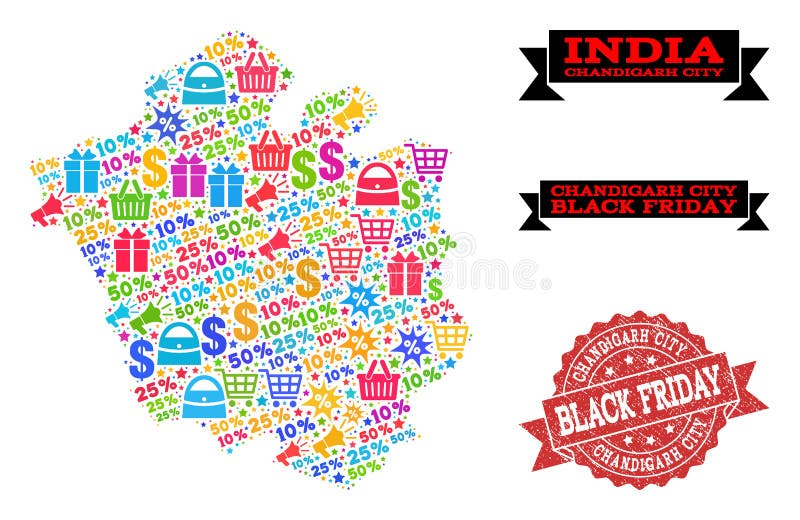 Composición de Black Friday del mapa de mosaico de la ciudad de Chandigarh y del sello del Grunge stock de ilustración Composición de Black Friday del mapa de mosaico de la ciudad de Chandigarh y del sello del Grunge stock de ilustración