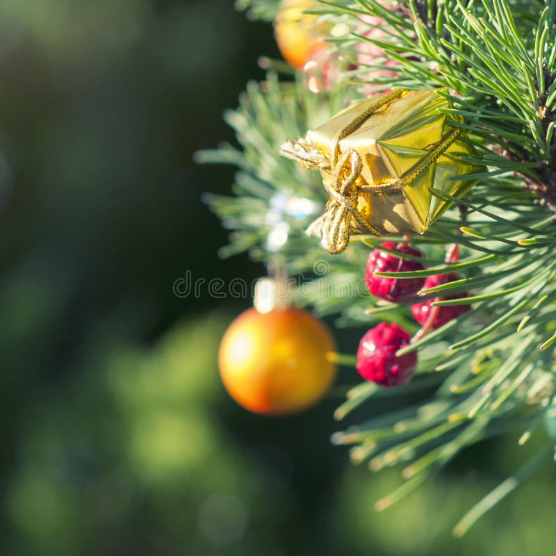 Composición de la Navidad, decoraciones de la Navidad en una rama spruce, ilustración, efecto del instagram imagenes de archivo Composición de la Navidad, decoraciones de la Navidad en una rama spruce, ilustración, efecto del instagram imagenes de archivo
