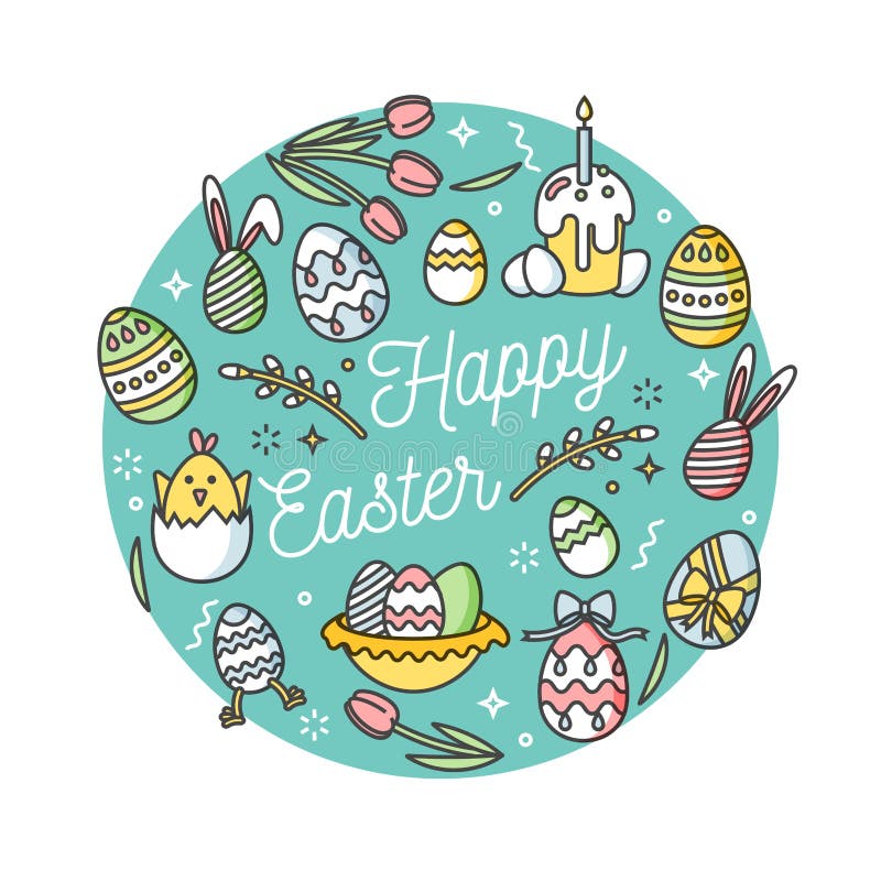 Composición de los huevos de Pascua Iconos lineares coloridos en el fondo blanco Círculo decorativo con los huevos ornamentales P stock de ilustración Composición de los huevos de Pascua Iconos lineares coloridos en el fondo blanco Círculo decorativo con los huevos ornamentales P stock de ilustración