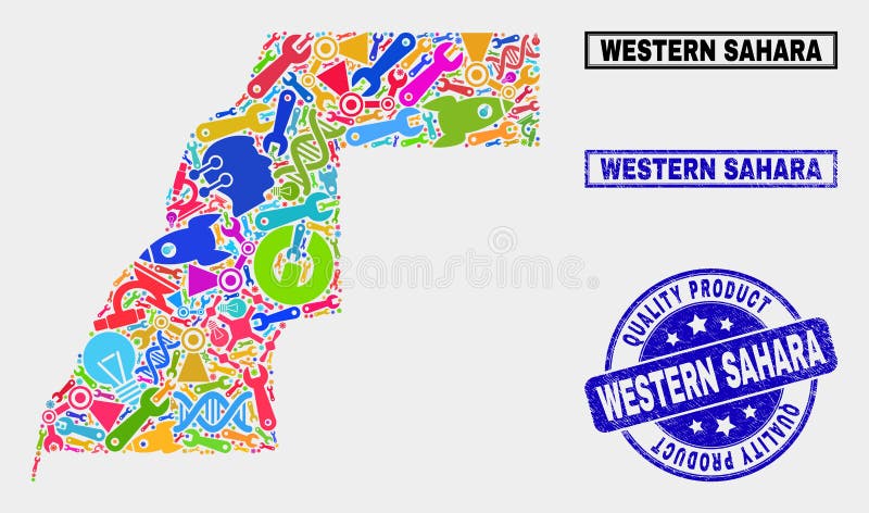 Vector collage of service Western Sahara map and blue seal stamp for quality product. Western Sahara map collage created with tools, spanners, industry icons. Vector collage of service Western Sahara map and blue seal stamp for quality product. Western Sahara map collage created with tools, spanners, industry icons.