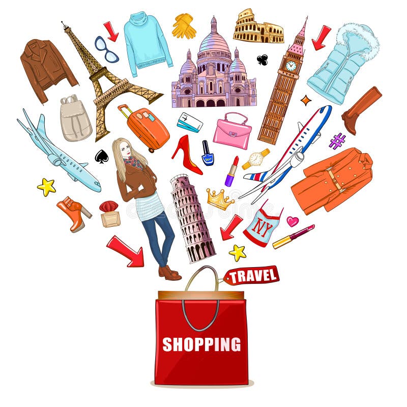 Composición del viaje de Europa de las compras stock de ilustración Composición del viaje de Europa de las compras stock de ilustración