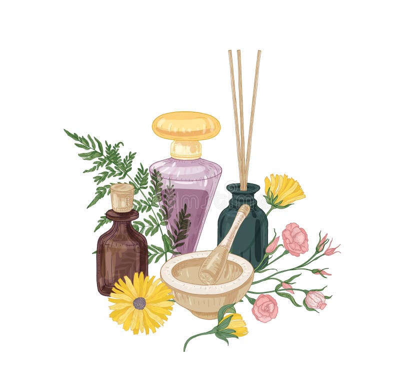 Composición elegante con los cosméticos, las fragancias o los odorantes del aroma en las botellas de cristal, el mortero y la maj stock de ilustración Composición elegante con los cosméticos, las fragancias o los odorantes del aroma en las botellas de cristal, el mortero y la maj stock de ilustración