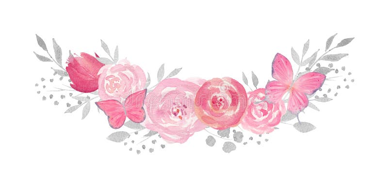 Composición floral de la acuarela con la rosa, las hojas, las flores, los butterfies y las ramas libre illustration Composición floral de la acuarela con la rosa, las hojas, las flores, los butterfies y las ramas libre illustration