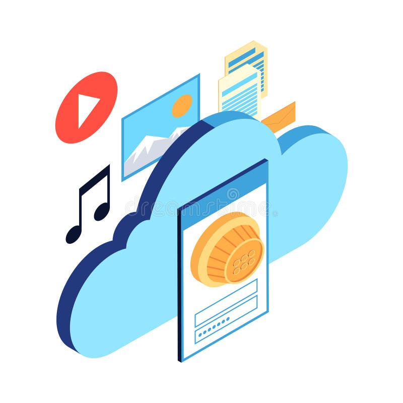 Composición isométrica del contenido en nube ilustración del vector
