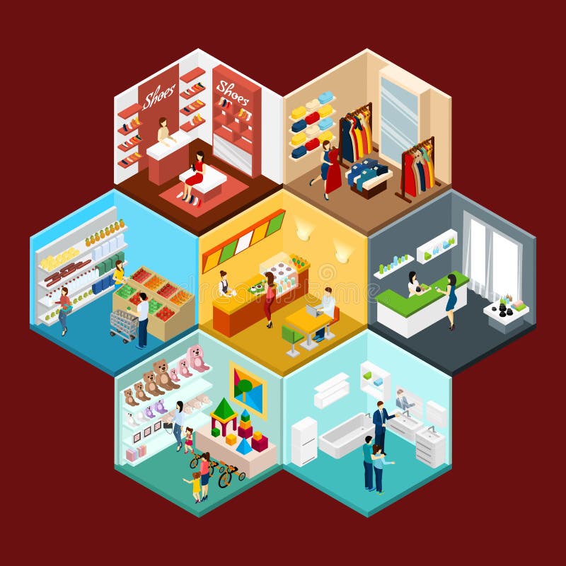 Composición isométrica del modelo hexagonal de la alameda de compras ilustración del vector Composición isométrica del modelo hexagonal de la alameda de compras ilustración del vector