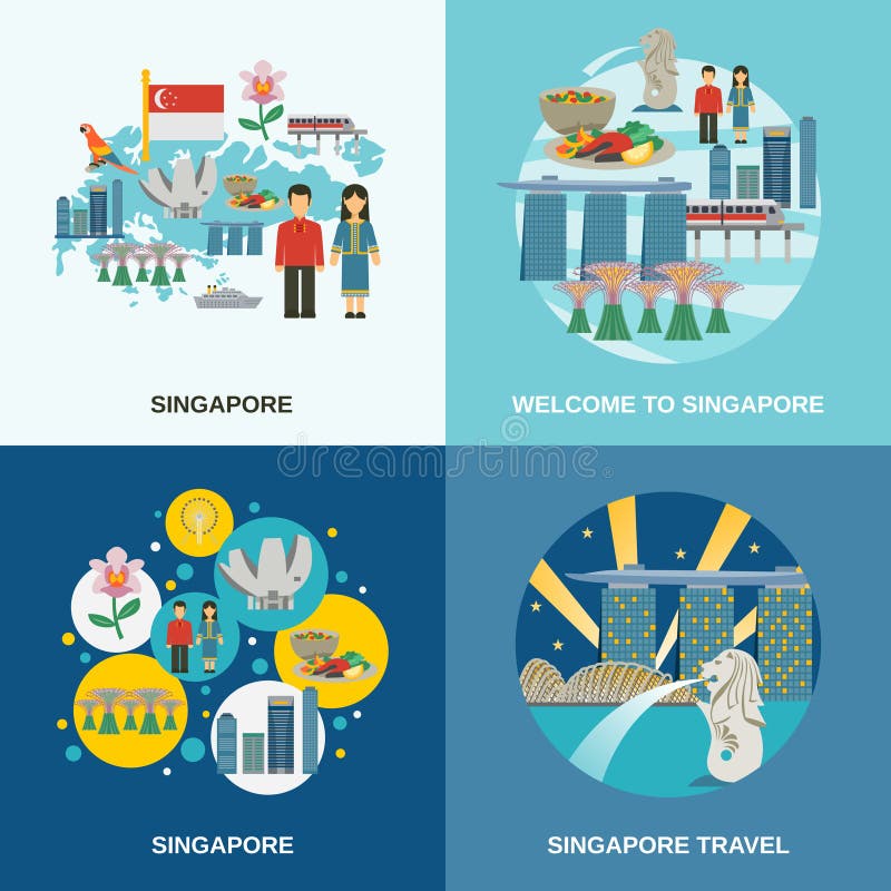 Composición plana de los iconos de la cultura 4 de Singapur ilustración del vector Composición plana de los iconos de la cultura 4 de Singapur ilustración del vector