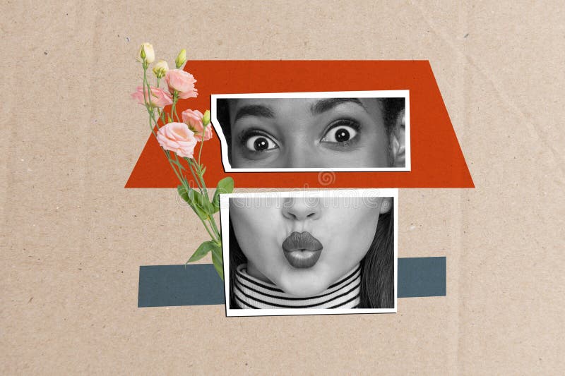 Composite Collage Bild von weiblichen Gesicht Puzzle Fotos Küssen Lippen Blumen ungewöhnliche Fantasy Billboard Comics Zine lizenzfreies stockfoto