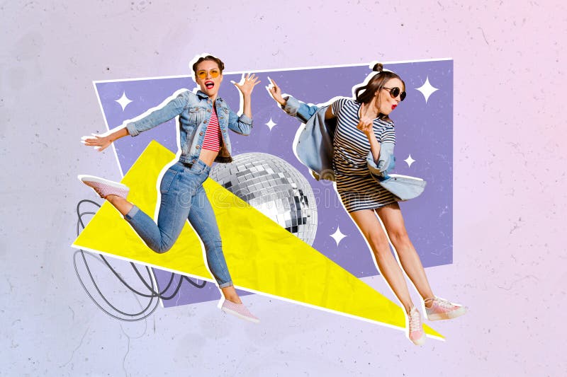 Composite collage picture of two positive girls jumping dancing good mood disco ball  on creative background.