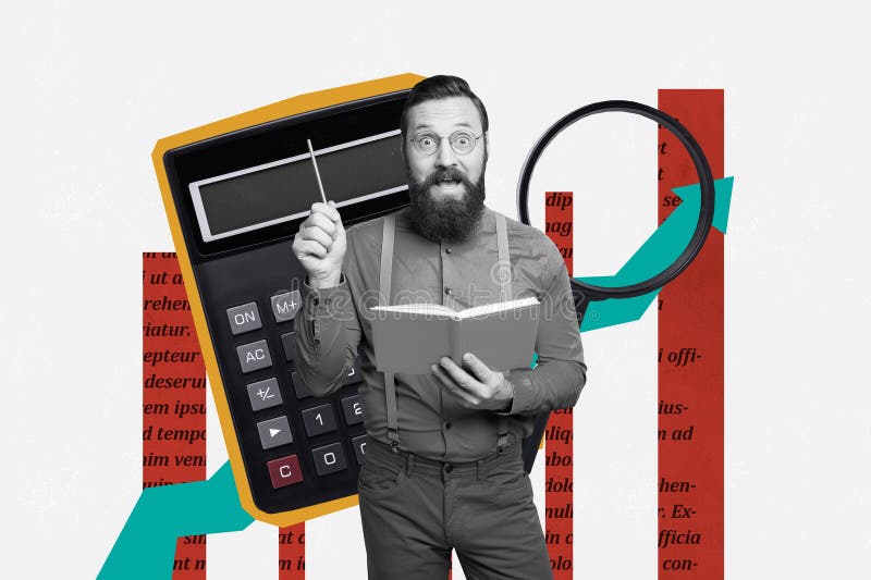 Composite creative art collage of astonished man hold planner pencil magnifier lens chart development isolated on royalty free stock image