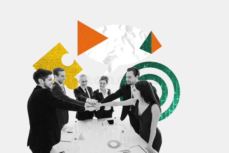 Composite creative art collage of business people hands cooperation gesture puzzle element development target progress stock image