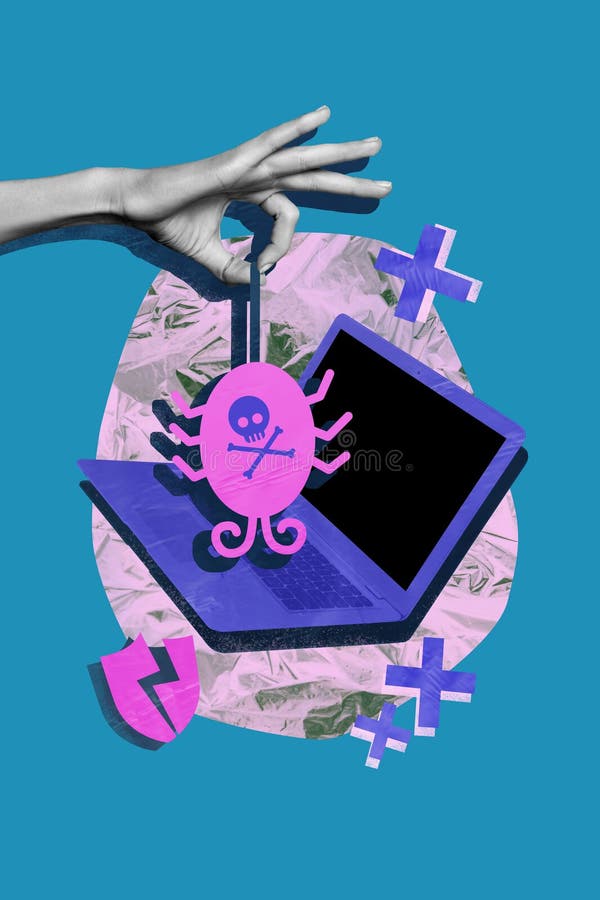 Composite Foto Collage von blau schwarz weißen Silhouette riesige Bug Hand halten Laptop Hacker stehlen Sicherheitsdaten brechen lizenzfreie stockfotografie