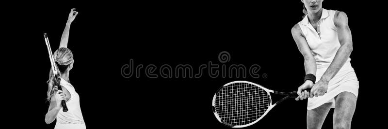 Composite image of athlete holding a tennis racquet ready to serve