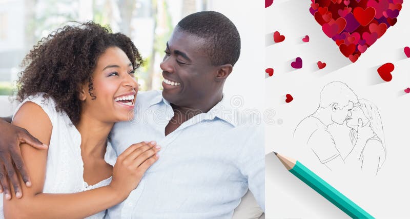 Composite image of attractive couple cuddling on the couch vector illustration Composite image of attractive couple cuddling on the couch vector illustration