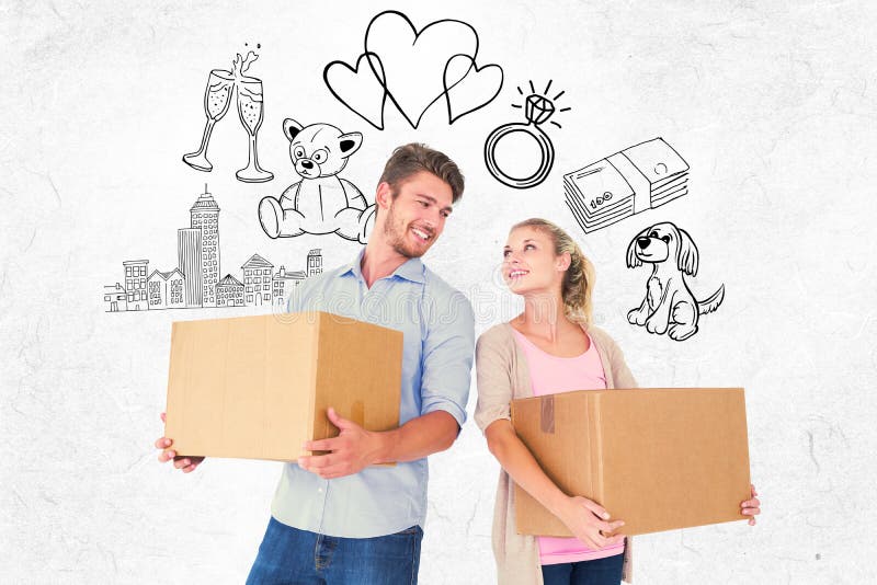Composite image of attractive young couple carrying moving boxes stock photo Composite image of attractive young couple carrying moving boxes stock photo