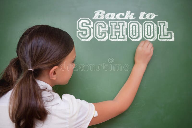 Composite image of back to school message against cute pupil writing on chalkboard