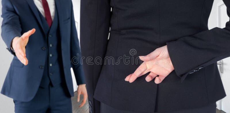 Composite image of businesswoman with fingers crossed behind her back