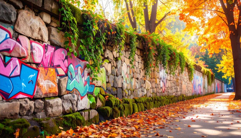 Composite Image of Carved Stone Wall Evolving from Pristine to Mossy Graffiti-Covered Ruin stock photos