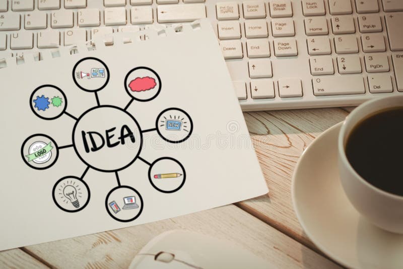 Composite image of composite image of idea text connected with various computer icons stock images