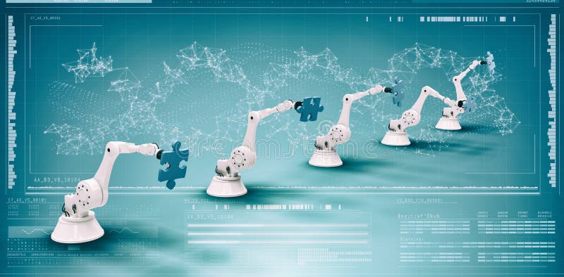Composite image of composite image of modern robots with jigsaw puzzles 3d stock images
