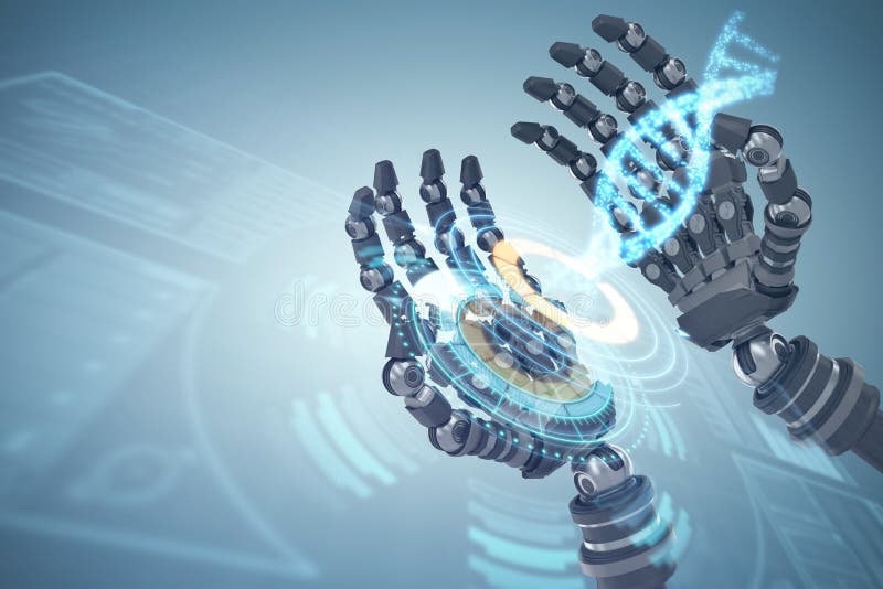 Composite image of composite image of robotic hands against white background 3d royalty free illustration