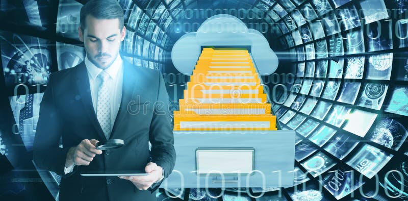 Composite image of concentrated businessman using magnifying glass royalty free stock image