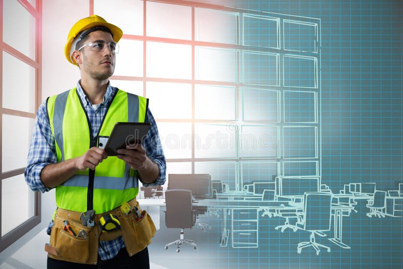 Composite image of concentrated construction worker with tablet royalty free stock image
