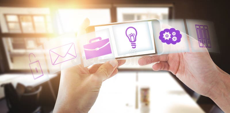 Composite image of cropped image of person holding smart phone. Cropped image of person holding smart phone against yellow abstract light spot design stock image Composite image of cropped image of person holding smart phone. Cropped image of person holding smart phone against yellow abstract light spot design stock image