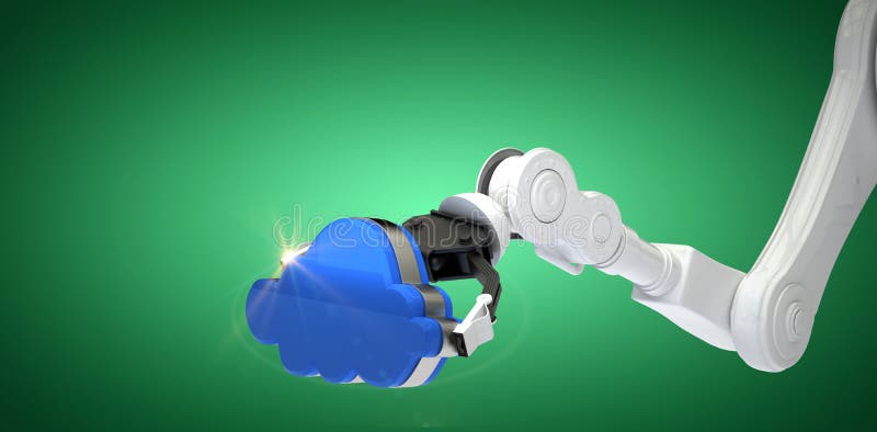 Cropped image of robot arm holding blue cloud against green vignette 3d. Cropped image of robot arm holding blue cloud against green vignette 3d