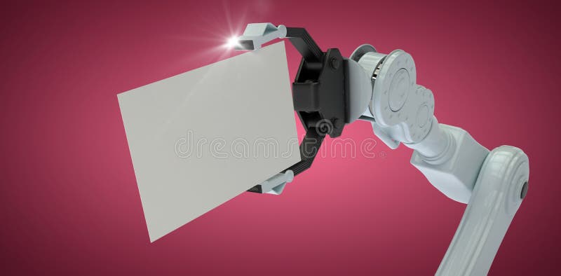 Cropped image of robot hand holding placard against red vignette 3d. Cropped image of robot hand holding placard against red vignette 3d