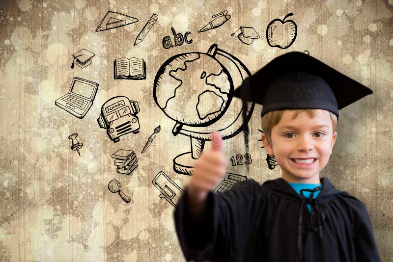 Composite image of cute pupil in graduation robe