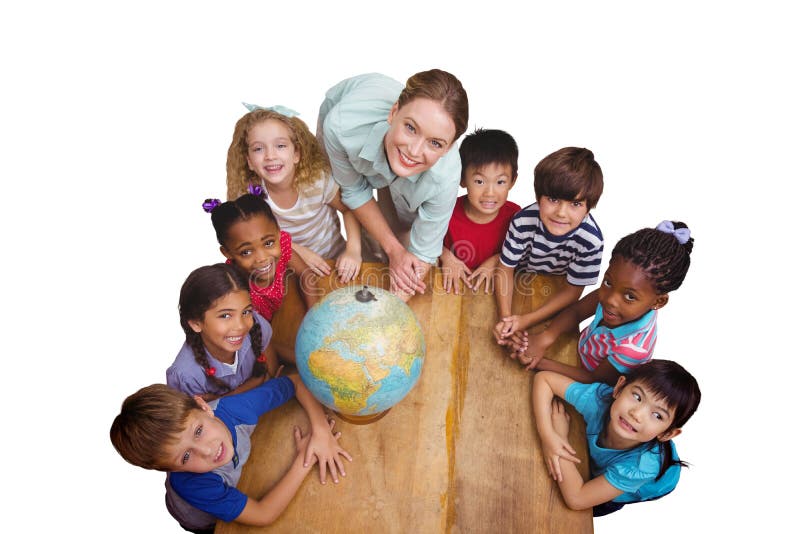Composite image of cute pupils smiling around a globe in classroom with teacher royalty free stock images Composite image of cute pupils smiling around a globe in classroom with teacher royalty free stock images