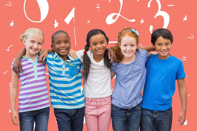 Composite image of cute pupils smiling at camera in classroom stock illustration
