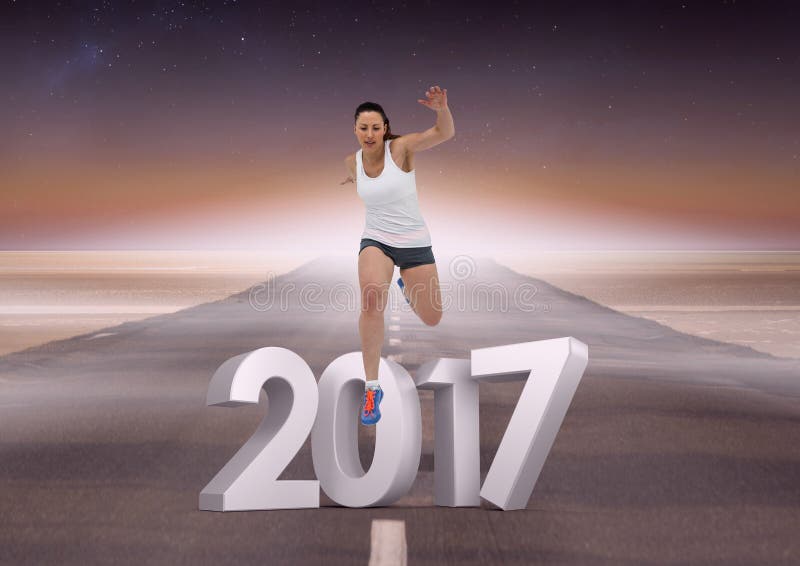 Composite image of 3D 2017 with sports girl running on road royalty free stock photography Composite image of 3D 2017 with sports girl running on road royalty free stock photography