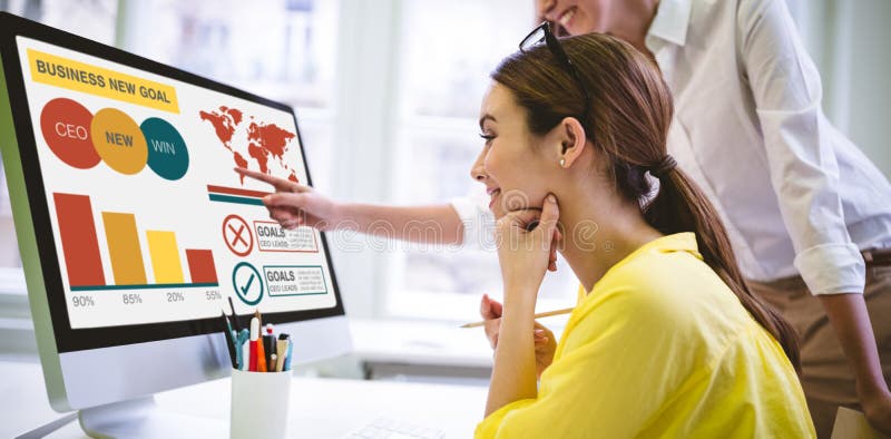 Composite image of digital composite image of business presentation with charts and text stock photography