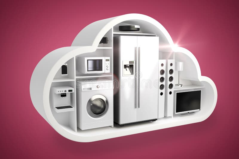 Composite image of digital composite image of home appliances in cloud 3d vector illustration Composite image of digital composite image of home appliances in cloud 3d vector illustration