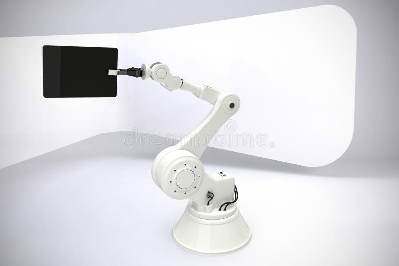 Composite image of digital composite image of robot and digital tablet 3d stock image