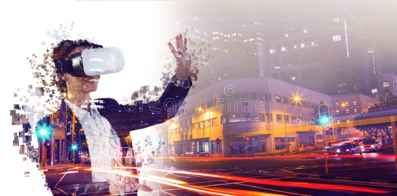 Composite image of digital composite of woman with a virtual reality simulator stock illustration Composite image of digital composite of woman with a virtual reality simulator stock illustration