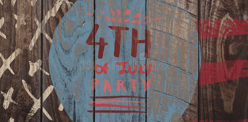 Composite image of digitally generated image of th of july party text against wood panelling vector illustration