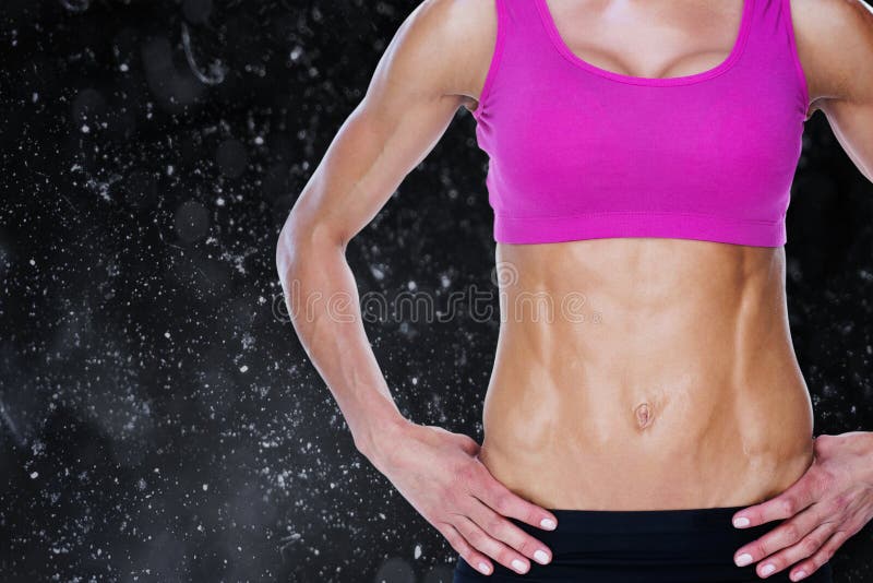 Composite image of female bodybuilder posing with hands on hips mid section vector illustration Composite image of female bodybuilder posing with hands on hips mid section vector illustration