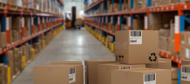 Composite image of group of digitally generated brown cardboard boxes. Group of digitally generated brown cardboard boxes against forklift loading boxes