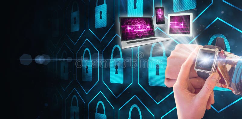 Composite image of hand using smart watch stock illustration Composite image of hand using smart watch stock illustration