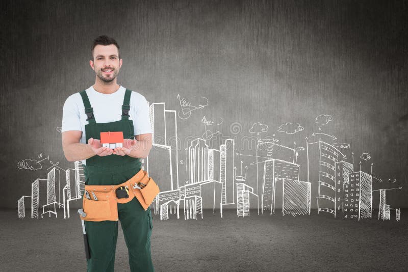 Composite image of happy construction worker holding house model royalty free stock images Composite image of happy construction worker holding house model royalty free stock images