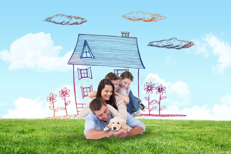 Happy family with puppy against blue sky over green field. Happy family with puppy against blue sky over green field