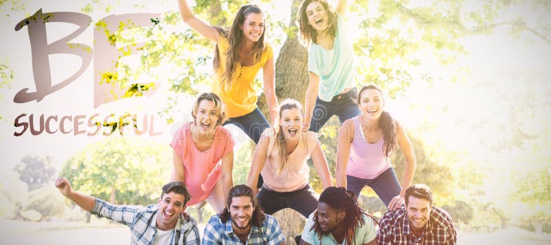 Composite image of happy friends in the park making human pyramid royalty free stock photography Composite image of happy friends in the park making human pyramid royalty free stock photography