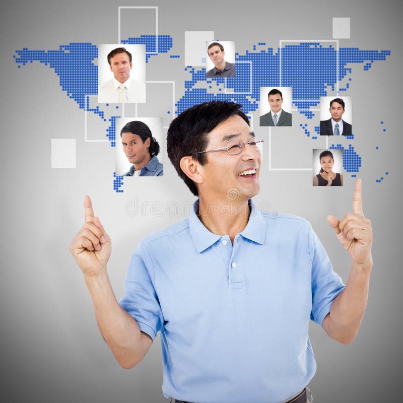 Composite image of happy man wearing eyeglasses gesturing stock photo