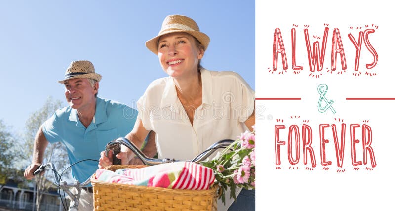 Composite image of happy senior couple going for a bike ride in the city