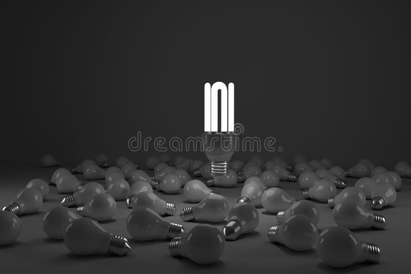 Composite image of lit energy efficient lightbulb over bulbs stock illustration