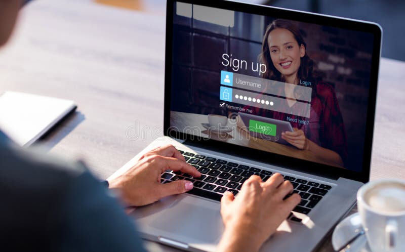 Login screen with dark-haired woman with coffee and laptop against cropped image of man working on laptop. Login screen with dark-haired woman with coffee and laptop against cropped image of man working on laptop