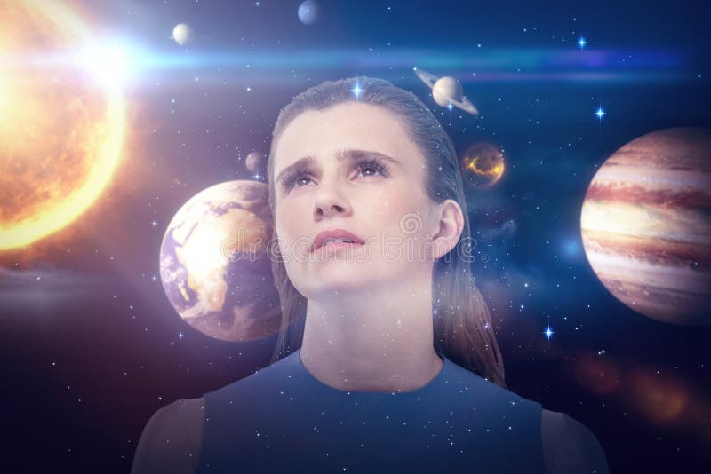 Composite image of low angle view of sad woman looking up 3d royalty free stock photography